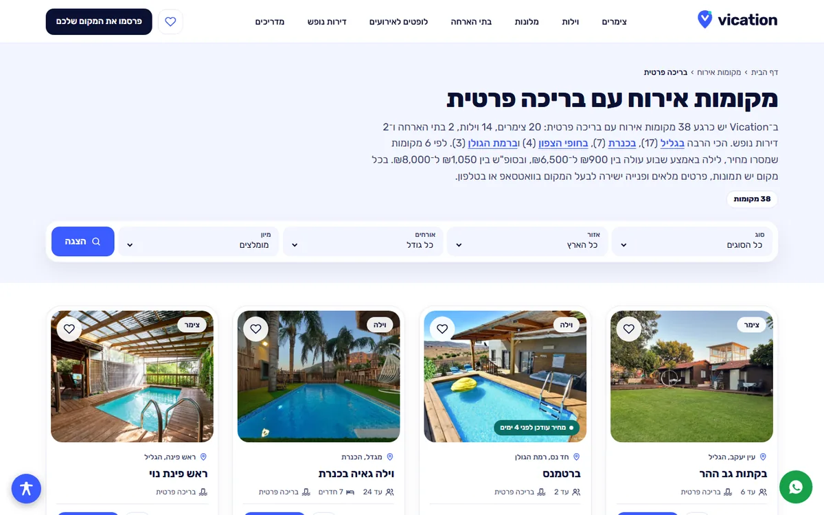 עמוד האוסף בריכה פרטית ב-Vication במחשב: תקציר מהנתונים, סינון ורשת מקומות אירוח