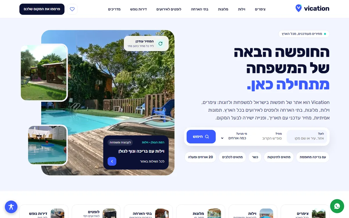 דף הבית של Vication במחשב: חיפוש חופשה לפי יעד, תאריך ומספר אורחים, פורטל חופשות שבנתה באלי דיגיטל